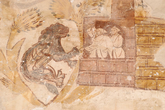 Fresco decoraties met typische voorstelling van de Tempeliers in Umbrië